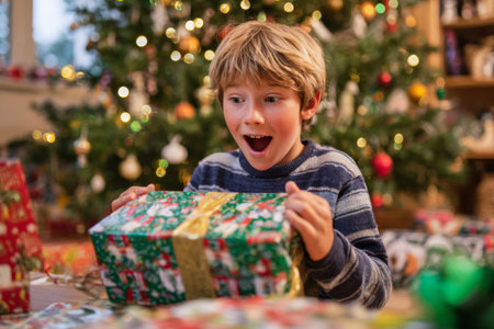 A young boy sits on the floor, eagerly unwrapping a colorful present beside a decorated Christmas tree. His face shows pure joy and surprise during the festive holiday.の素材
