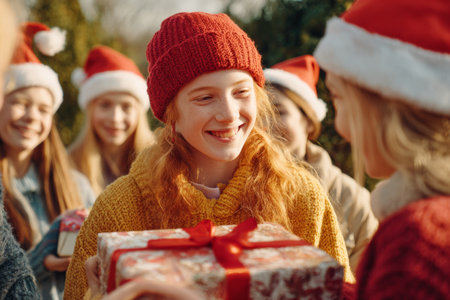 A group of children wears Santa hats and warmly exchanges gifts outside. One girl smiles brightly while holding a beautifully wrapped present. Joy and excitement fill the air.の素材