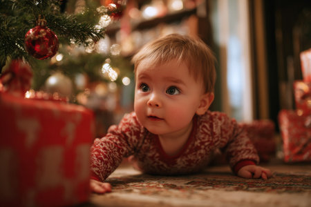 A young child is crawling on the floor under a beautifully decorated Christmas tree filled with colorful ornaments and gift boxes. The warm ambiance creates a joyful holiday spirit.の素材