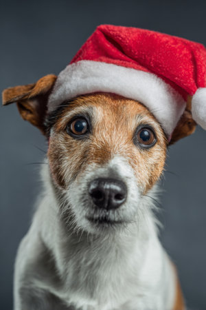 A small dog with a brown and white coat is dressed in a bright red Santa hat. The setting is indoors with a soft background that enhances the festive mood.の素材