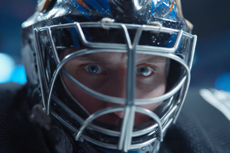 A hockey goalie stars intensely, eyes wide and focused, ready for action during a thrilling match in a crowded arena filled with excitement and anticipationの素材