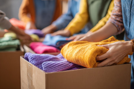Groups of volunteers gather at a community center, carefully folding and sorting colorful knitwear into boxes. The warm, friendly atmosphere encourages teamwork and generosity.の素材