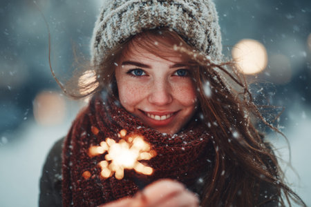 A young woman stands in a snowy setting, holding a sparkler. She wears a cozy hat and scarf, and her cheerful expression captures the joy of winter festivities.の素材