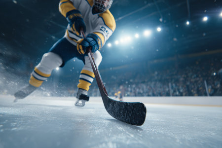 A hockey player in a blue and yellow jersey glides on the ice, preparing for a shot. The arena is filled with cheering fans and bright lights, creating a thrilling atmosphere.の素材