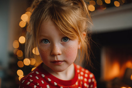 A young girl with freckles and blonde hair sits near a glowing fireplace. The room is filled with warm lights, creating a cozy and festive atmosphere. She looks thoughtfully at the viewer.の素材