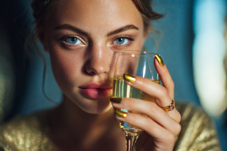 A woman with captivating blue eyes holds a glass filled with a light beverage, dressed in a shiny outfit that reflects elegance. The setting has warm golden tones, creating a luxurious atmosphere.の素材