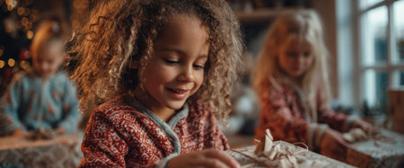 Two children eagerly unwrap presents in a warm living room filled with festive decorations. The joy on their faces shows their excitement during the holiday season.の素材
