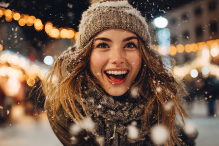 A young woman enjoys the winter festivities, smiling widely as snowflakes fall around her. Bright lights illuminate a lively market atmosphere, creating a joyful scene.の素材