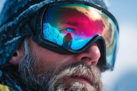 A man stands on a snowy slope, wearing colorful ski goggles that reflect the surrounding landscape. His beard and warm attire suggest cold temperatures and outdoor activity.の素材