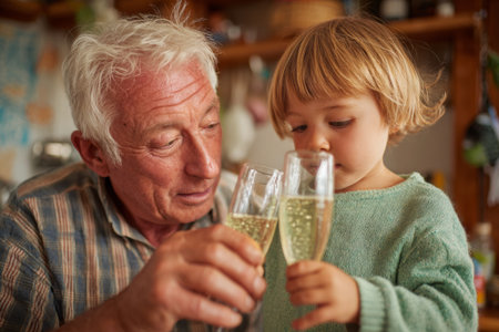 A grandfather and his grandson smile as they toast with glasses filled with sparkling drinks in a warm and inviting kitchen. The atmosphere is filled with joy and connection.の素材