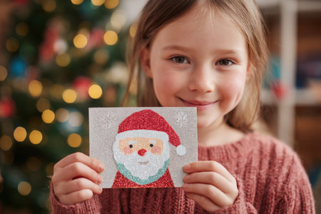 A young girl shows off a colorful card with a Santa Claus design, smiling happily. The setting features Christmas decorations and a soft glow from lights, creating a cozy atmosphere.の素材