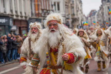 Participants dressed in elaborate costumes with fur and beads march down the street, showcasing local traditions during a lively parade filled with excited spectators on a cool day.の素材