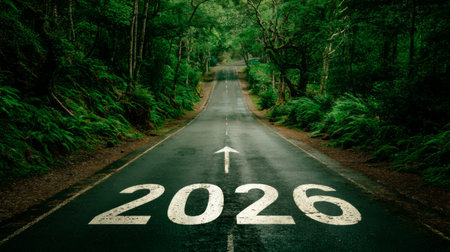 A serene forest road surrounded by lush greenery features the year 2026 marked plainly on the pavement. The path leads through tall trees, creating a peaceful atmosphere.の素材