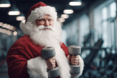 In a well-lit gym, Santa Claus smiles while holding weights, showcasing a fun take on fitness during the holiday season, promoting health and happiness.の素材
