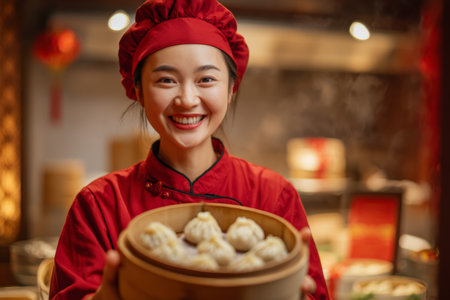A cheerful chef in a red uniform smiles while holding a steamer basket filled with dumplings. The background features a lively kitchen setting decorated for a celebration.の素材