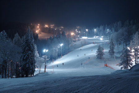 Skiers carve down a snowy slope at night, surrounded by snow-covered trees and glowing lights. The atmosphere is vibrant as winter sports enthusiasts enjoy the scene.の素材