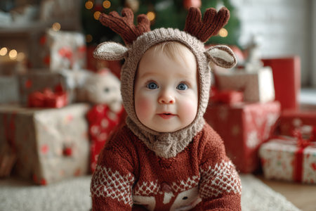A joyful baby wears a warm reindeer costume while sitting on the floor. Colorful wrapped gifts and a decorated Christmas tree fill the background, creating a festive atmosphere.の素材