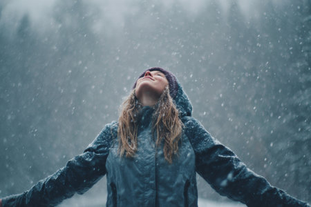 A woman stands in a snowy forest, arms wide open, embracing the falling snow. She appears joyful and free, with snow gently landing on her face and hair.の素材