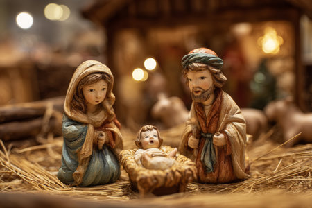 The nativity scene displays Mary and Joseph gazing at baby Jesus, lying in a manger made of straw. This peaceful scene captures the spirit of Christmas.の素材