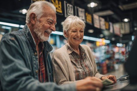 An elderly couple is smiling and laughing while at a market checkout counter. They are engaging with the cashier as they prepare to pay for their groceries in a vibrant shopping environment.の素材
