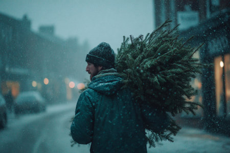 A man walks through a snowy street carrying a fresh evergreen tree on his back. The scene is set during dusk with falling snowflakes and soft light from nearby shops.の素材