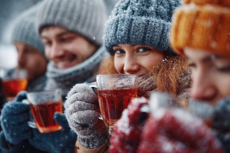 Group of friends gather in a snowy outdoor area, each holding steaming mugs filled with a warm beverage, smiling and laughing together, enjoying the winter atmosphere.の素材