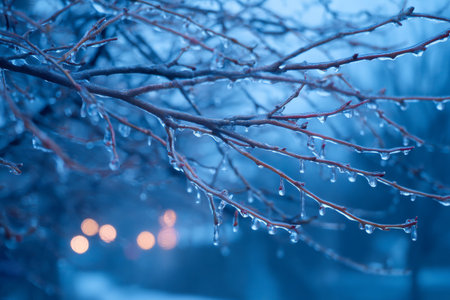 Branches coated in ice cling to droplets, creating a stunning view during a chilly evening. The soft blue light adds to the serene winter atmosphere.の素材