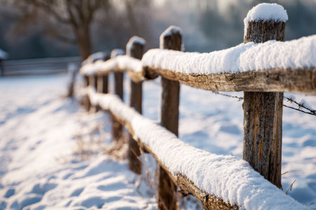 A rustic wooden fence lines a serene field blanketed in fresh snow. The afternoon sun casts a warm glow on the snowy landscape, enhancing the winter beauty.の素材