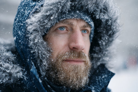 A man with a thick beard and bright blue eyes is wearing a warm coat with a hood. Snowflakes gently fall around him in a chilly urban setting, capturing the essence of winter.の素材