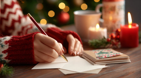 A person dressed in a red sweater writes holiday cards at a wooden table. Soft candlelight and a decorated tree create a warm, inviting atmosphere during winter.の素材