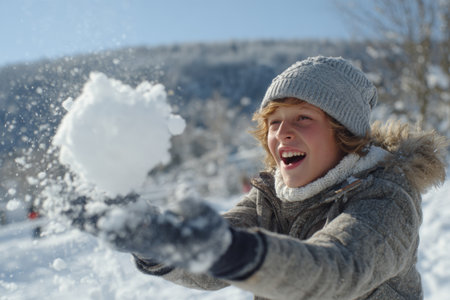 A joyful child is outdoors on a snowy day, creating a snowball while surrounded by a winter wonderland of snow-covered hills and trees under bright blue sky.の素材