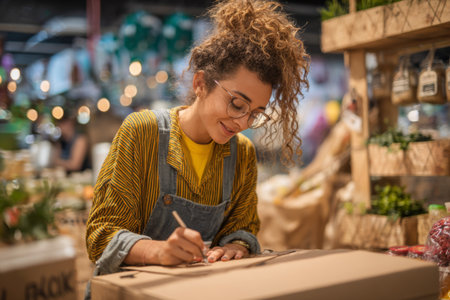 A woman with curly hair and glasses is happily writing on a cardboard box. She is surrounded by fresh produce and vibrant market displays. The scene is busy and full of life.の素材