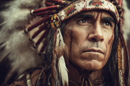 A Native American warrior showcases his strength and pride while wearing a colorful feather headdress. The setting reflects cultural significance and tradition with intricate details.の素材