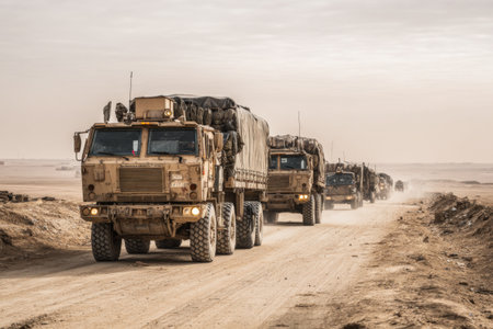 A convoy of military trucks travels along a dusty road in a vast desert area. The scene showcases the rugged vehicles moving together, with an expansive horizon ahead.の素材