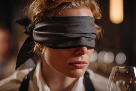 A woman participates in a blindfolded wine tasting event at a cozy restaurant, focusing on her senses of taste and smell. She holds a wine glass closely, concentrating deeply.の素材