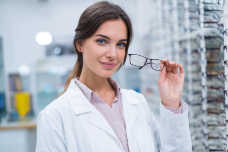 A young optometrist is smiling while holding a pair of eyeglasses in an eyewear store. The background shows shelves filled with various frames, indicating a professional environment.の素材