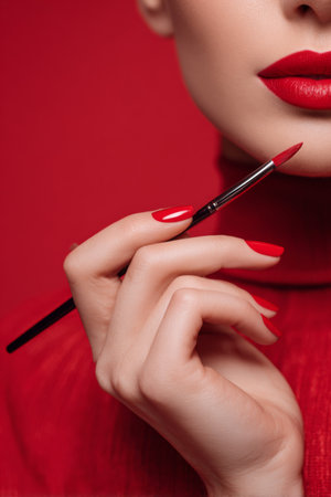 A woman showcases her bold red lips and nails while holding a makeup brush. The vibrant red background enhances her confident look. Perfect for makeup art and beauty inspiration.の素材