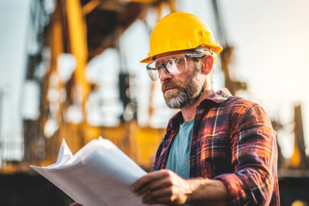 A construction worker wearing a yellow hard hat and glasses closely examines blueprints while surrounded by heavy machinery at a construction site during sunset.の素材