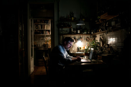 A man is typing on his laptop in a dimly lit kitchen. The warm glow from the screen illuminates his face. Shelves filled with kitchen items and plants create a homely atmosphere.の素材