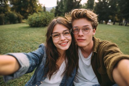 A young couple with glasses poses for a selfie in a lush green park. They are enjoying a sunny day, smiling and capturing a fun moment together.の素材