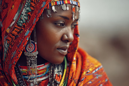 A woman showcases her cultural heritage through bright clothing and detailed jewelry. The image captures her thoughtful expression in a rich, colorful environment, highlighting beauty and tradition.の素材