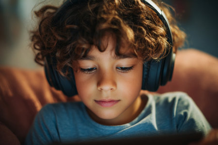 A boy with curly hair wears headphones as he focuses on his tablet. He is seated comfortably, enjoying music in a warm, inviting indoor setting.の素材