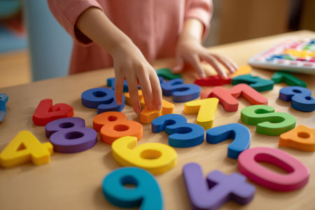 In a bright room filled with learning tools, a childs hand reaches for a colorful plastic number on a table. Various numbers in vibrant colors are spread out, inviting play and education.の素材