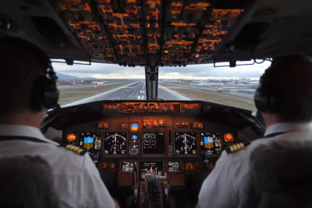 Two pilots focus on their controls as their aircraft approaches the runway, surrounded by city lights and a twilight sky, ready for a smooth landing.の素材