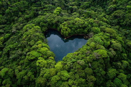 Vibrant green trees form a stunning heart-shaped outline around a serene lake, reflecting the lush environment. This peaceful landscape captures natures beauty and harmony.の素材