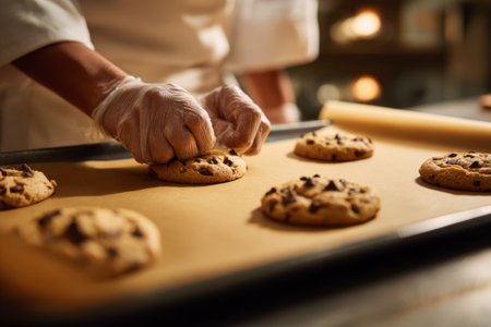 A baker uses gloved hands to carefully shape freshly made chocolate chip cookie dough on a baking trayの素材