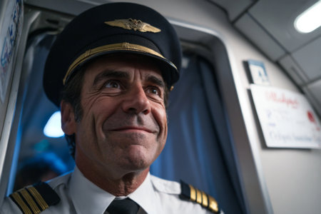 A pilot with a cheerful expression is sitting in the cockpit, preparing for landing. The relaxed atmosphere highlights the professionalism and dedication of aviators.の素材