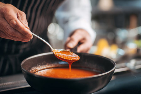 A chef focuses on creating a delicious sauce, skillfully stirring it in a pan. The kitchen setting is vibrant, filled with various cooking tools and ingredients.の素材