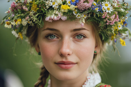 A young woman with a flower crown composed of colorful petals and greenery stands outdoors. Her bright green eyes and soft smile reflect joy. Fresh summer air surrounds her.の素材