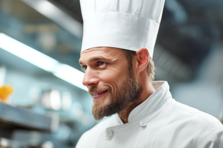 A chef stands in a busy kitchen preparing for the dinner rush. He wears a traditional white uniform and a tall chef hat, looking attentive and ready to create delicious dishes.の素材